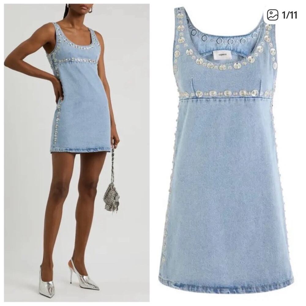 Coperni Blue Denim Dress Silver Tone Grommets Mini Dress Size 8
